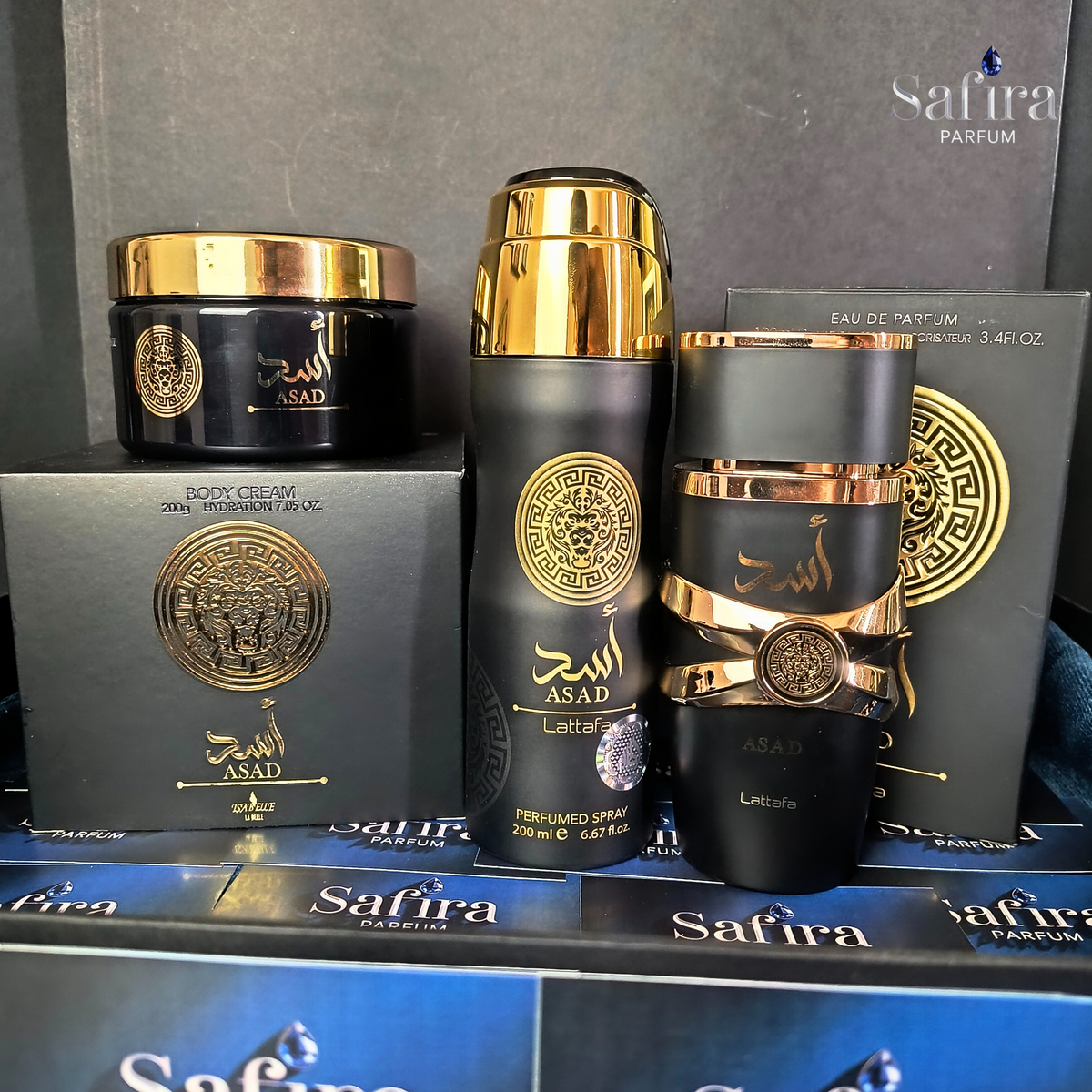 Kit ASAD Lattafa (100ml + Body Cream 200g + Body Spray 200ml) – Poder e Confiança em Cada Detalhe