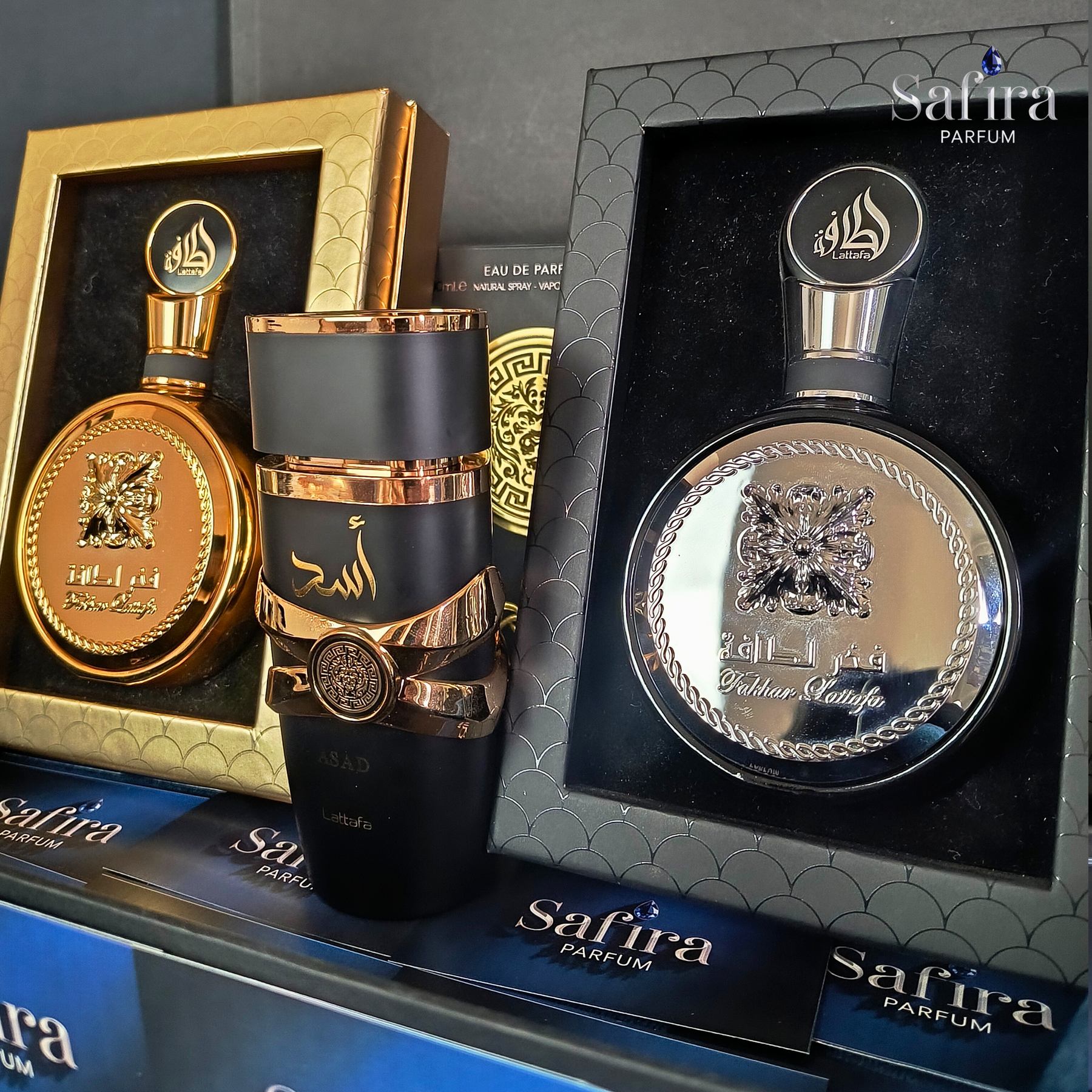KIT CONQUISTADOR - Fakhar Gold + Asad + Fakhar Black | 100ml cada