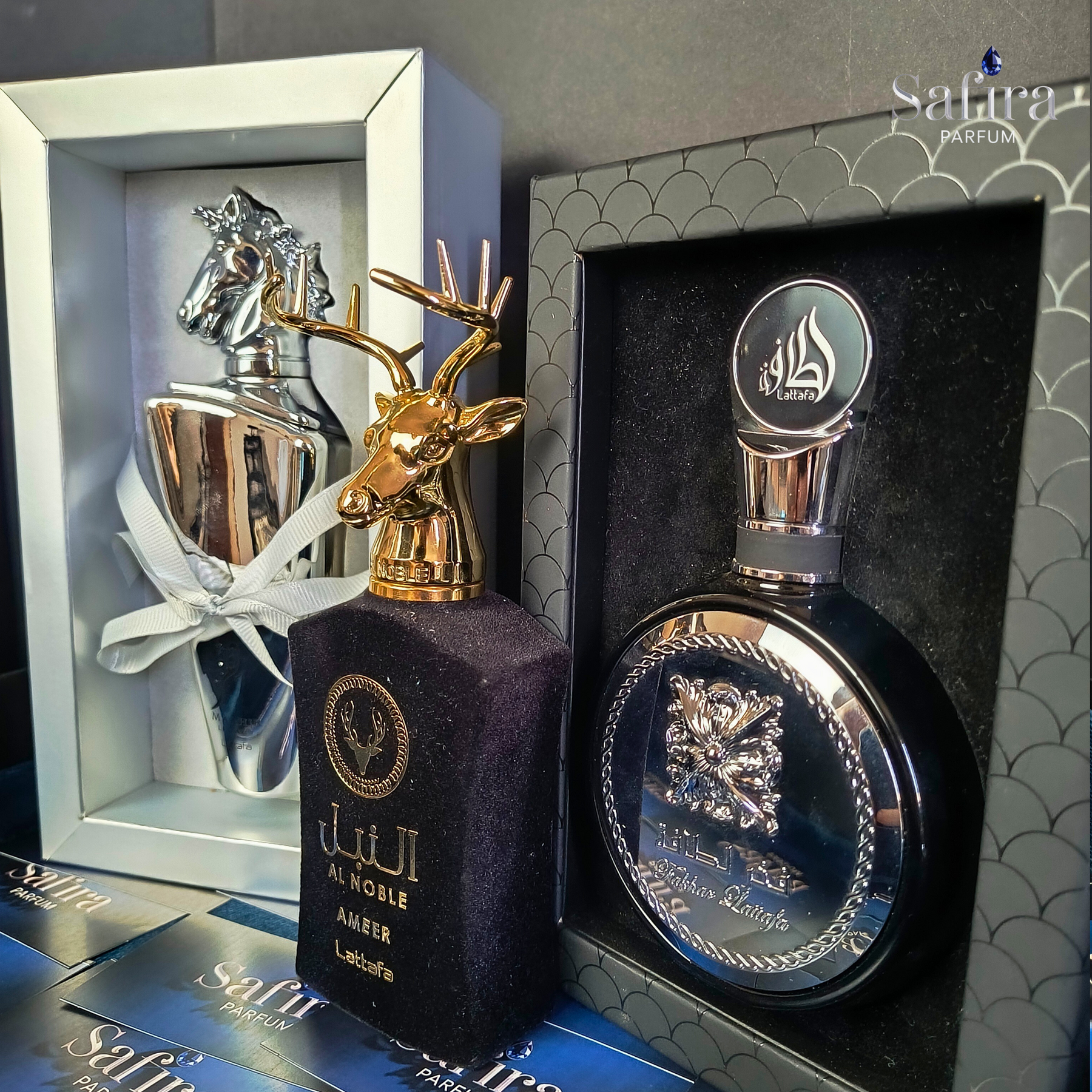 Kit Royal Essence (Al Noble Ameer + Fakhar Black + Maahir Legacy) – Três Ícones da Perfumaria Árabe em um Só Conjunto