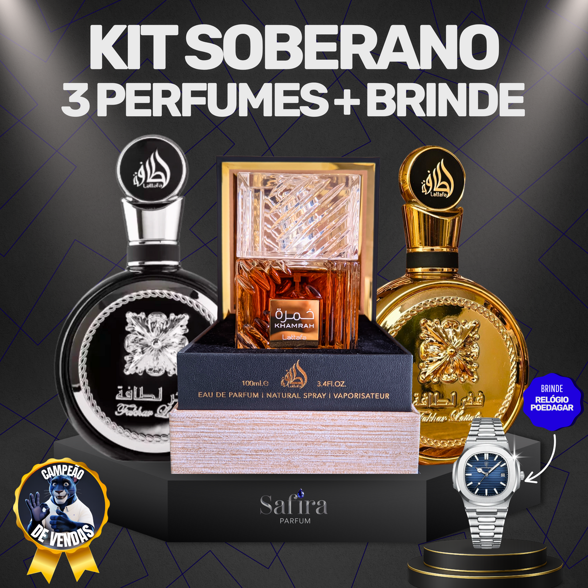 KIT SOBERANO - Fakhar Gold + Khamrah + Fakhar Black (Brinde Relógio Prata fundo Marinho)