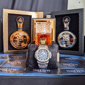 KIT SOBERANO - Fakhar Gold + Khamrah + Fakhar Black (Brinde Relógio Prata fundo Marinho)