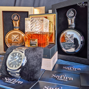 KIT SOBERANO - Fakhar Gold + Khamrah + Fakhar Black (Brinde Relógio Prata fundo Marinho)