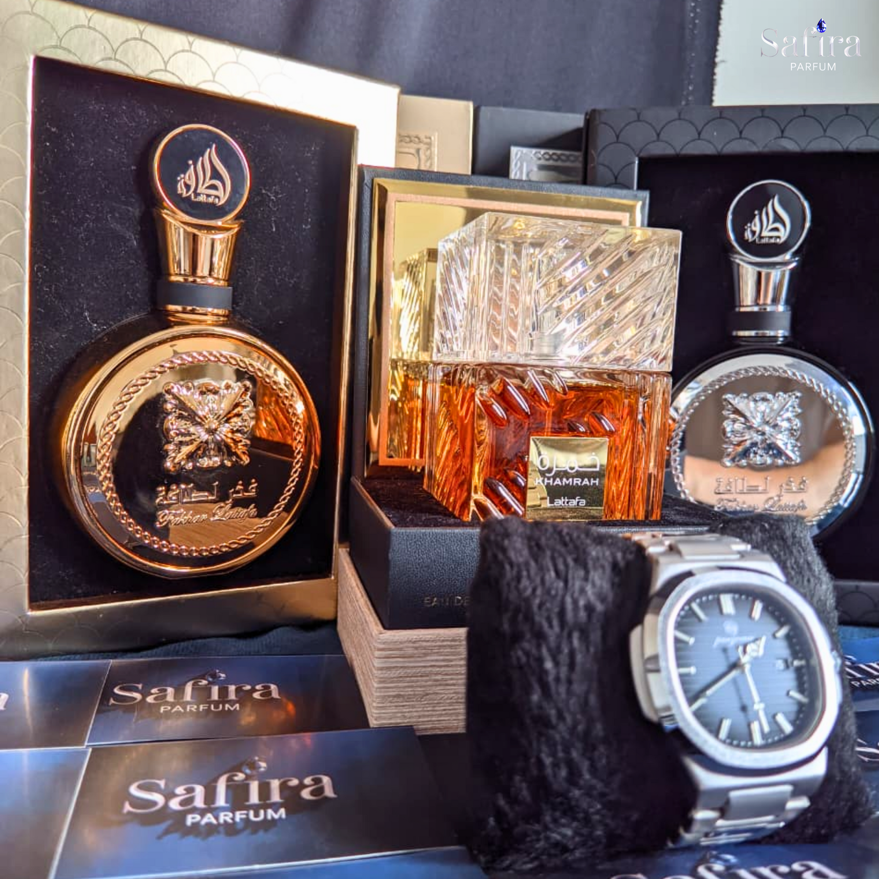 KIT SOBERANO - Fakhar Gold + Khamrah + Fakhar Black (Brinde Relógio Prata fundo Marinho)