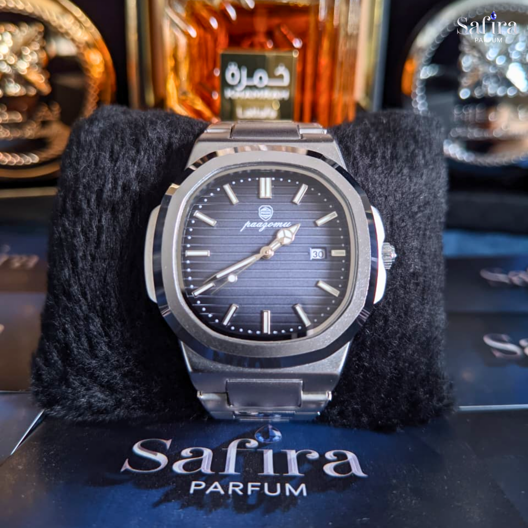 KIT SOBERANO - Fakhar Gold + Khamrah + Fakhar Black (Brinde Relógio Prata fundo Marinho)