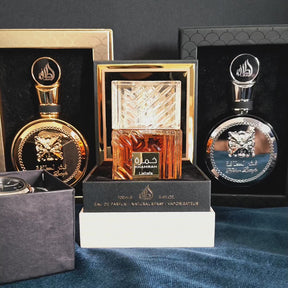 KIT SOBERANO - Fakhar Gold + Khamrah + Fakhar Black (Brinde Relógio Prata fundo Marinho)